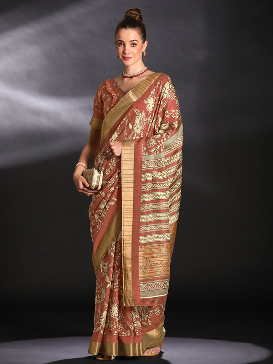 Saree Mall Women's  Blend Brown Printed Designer Saree With Blouse Piece-HOLAND27G