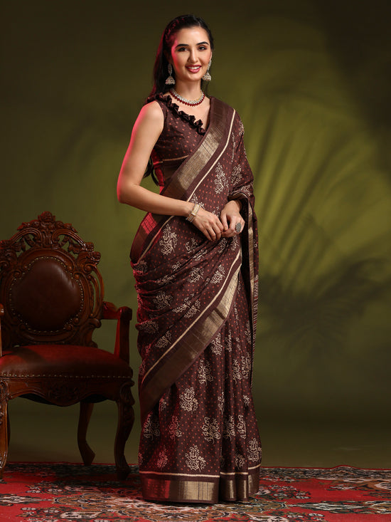 Saree Mall Women's  Blend Brown Printed Designer Saree With Blouse Piece-HOLAND301A