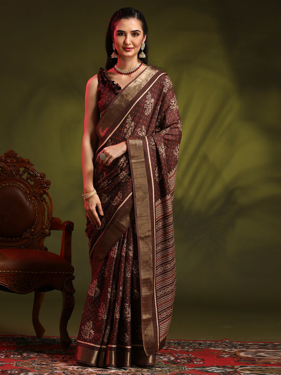 Saree Mall Women's  Blend Brown Printed Designer Saree With Blouse Piece-HOLAND301A