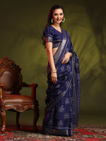 Saree Mall Women's  Blend Navy Blue Printed Designer Saree With Blouse Piece-HOLAND301B