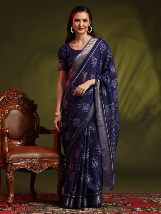 Saree Mall Women's  Blend Navy Blue Printed Designer Saree With Blouse Piece-HOLAND301B