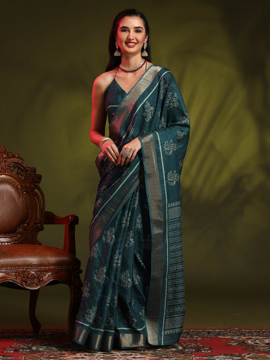 Saree Mall Women's  Blend Teal Blue Printed Designer Saree With Blouse Piece-HOLAND301C