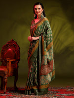 Saree Mall Women's  Blend Olive Printed Designer Saree With Blouse Piece-HOLAND401G