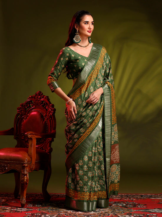 Saree Mall Women's  Blend Olive Printed Designer Saree With Blouse Piece-HOLAND401G