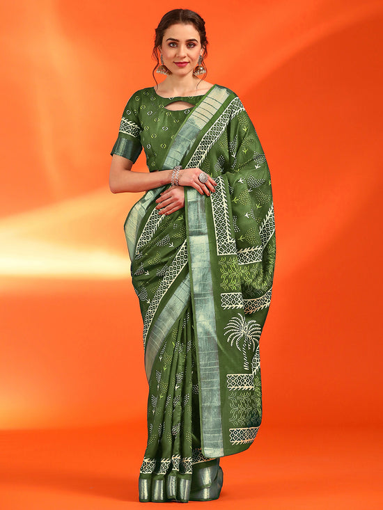 Saree Mall Women's Cotton  Green Printed Designer Saree With Blouse Piece-HOLAND41A