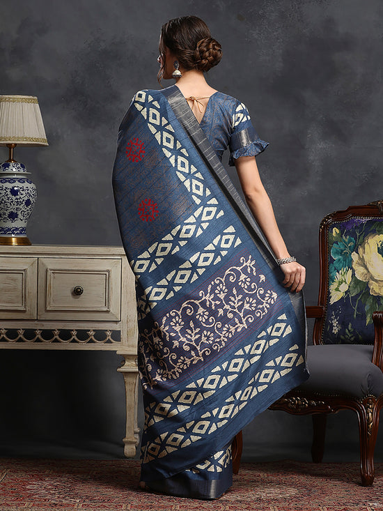 Saree Mall Women's  Blend Blue Printed Designer Saree With Blouse Piece-HOLAND53C