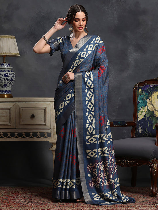 Saree Mall Women's  Blend Blue Printed Designer Saree With Blouse Piece-HOLAND53C