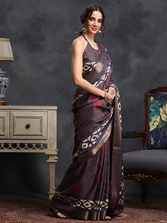 Saree Mall Women's  Blend Violet Printed Designer Saree With Blouse Piece-HOLAND53E