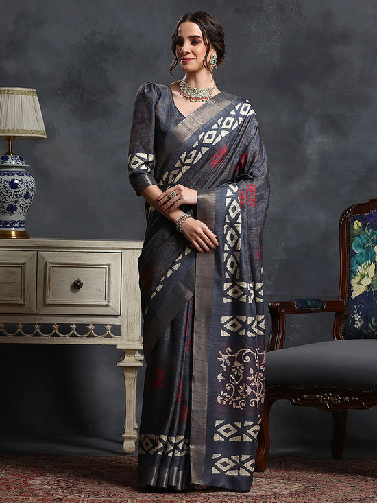 Saree Mall Women's  Blend Grey Printed Designer Saree With Blouse Piece-HOLAND53G