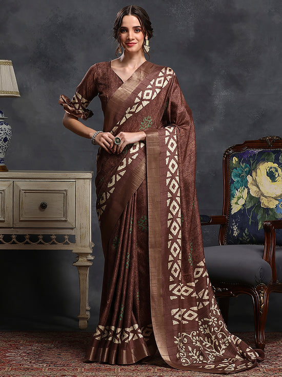 Saree Mall Women's  Blend Brown Printed Designer Saree With Blouse Piece-HOLAND53H