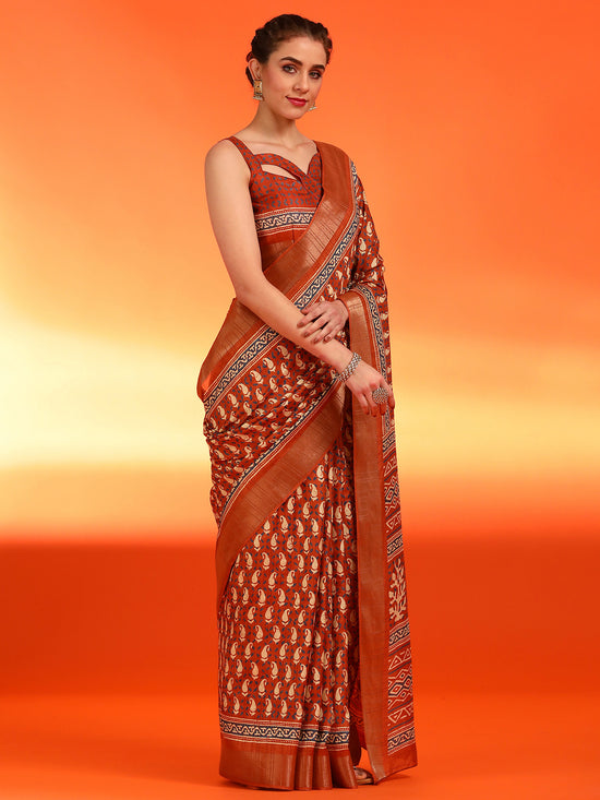 Saree Mall Women's  Blend Orange Printed Designer Saree With Blouse Piece-HOLAND55A