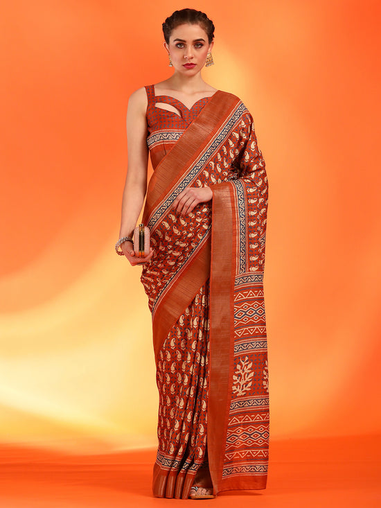 Saree Mall Women's  Blend Orange Printed Designer Saree With Blouse Piece-HOLAND55A