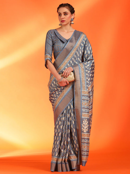 Saree Mall Women's  Blend Grey Printed Designer Saree With Blouse Piece-HOLAND55D