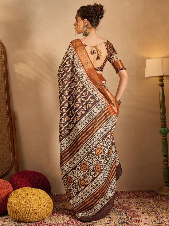 Saree Mall Women's  Blend Brown Printed Designer Saree With Blouse Piece-HOLAND73B