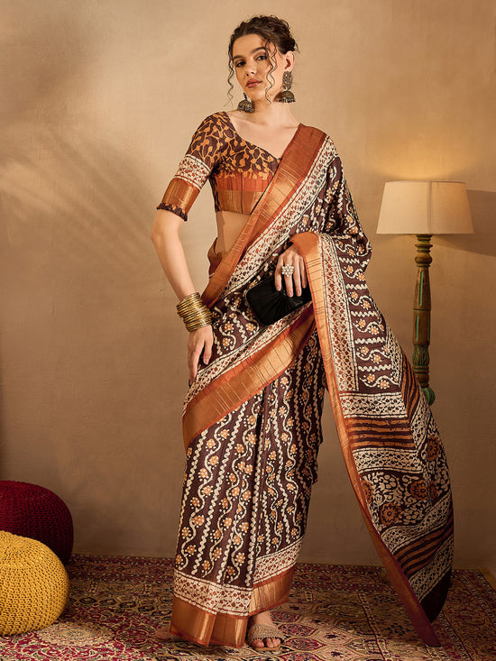 Saree Mall Women's  Blend Brown Printed Designer Saree With Blouse Piece-HOLAND73B