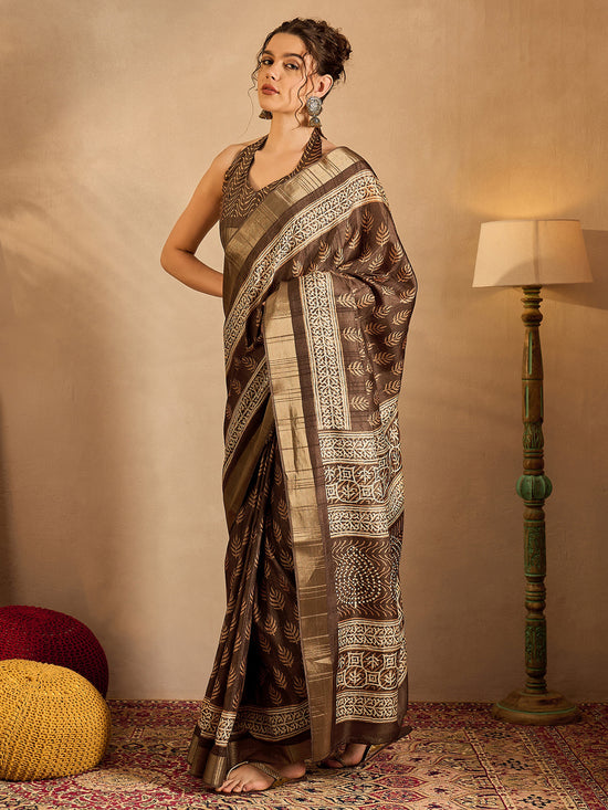 Saree Mall Women's  Blend Brown Printed Designer Saree With Blouse Piece-HOLAND75D