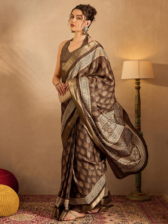 Saree Mall Women's  Blend Brown Printed Designer Saree With Blouse Piece-HOLAND75D