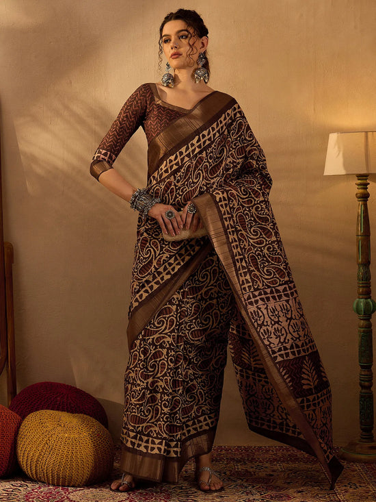 Saree Mall Women's  Blend Brown Printed Designer Saree With Blouse Piece-HOLAND77D