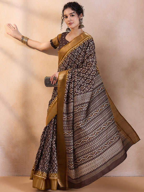 Saree Mall Women's  Blend Brown Printed Designer Saree With Blouse Piece-HOLAND80D