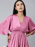 Women V-Neck Solid Fit and Flare Pink Dress-HQ-116-Pink