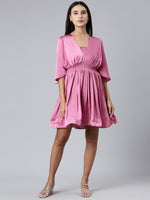 Women V-Neck Solid Fit and Flare Pink Dress-HQ-116-Pink