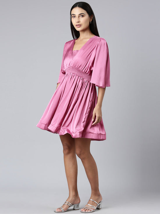 Women V-Neck Solid Fit and Flare Pink Dress-HQ-116-Pink