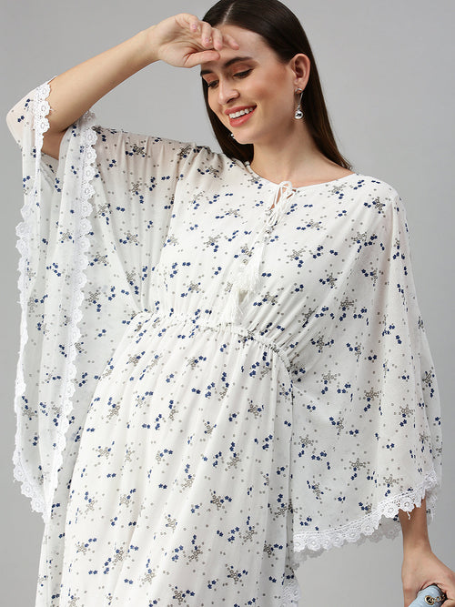 Women Printed Kaftan White Dress-HQ-5-A-White