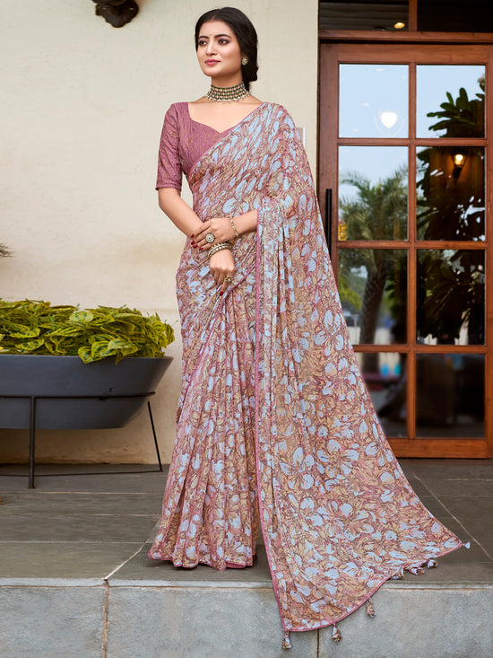 Saree Mall Women's Chiffon Beige Printed Designer Saree With Blouse Piece-HRITIMA40091