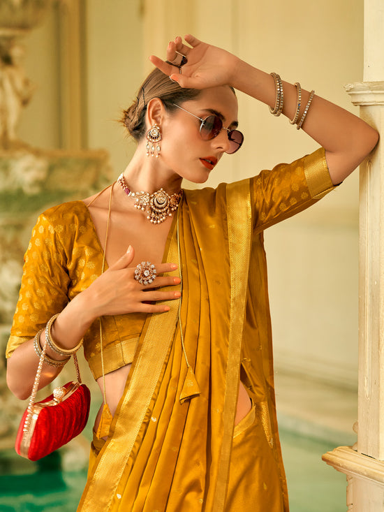 Saree Mall Women's  Blend Mustard Woven Design Designer Saree With Blouse Piece-HRMONY400001