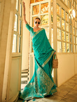 Saree Mall Women's  Blend Teal Blue Woven Design Designer Saree With Blouse Piece-HRMONY400002