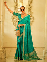 Saree Mall Women's  Blend Teal Blue Woven Design Designer Saree With Blouse Piece-HRMONY400002