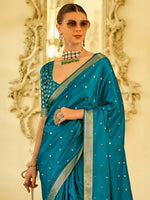 Saree Mall Women's  Blend Blue Woven Design Designer Saree With Blouse Piece-HRMONY400006