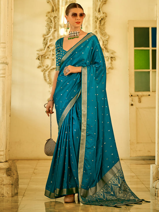 Saree Mall Women's  Blend Blue Woven Design Designer Saree With Blouse Piece-HRMONY400006