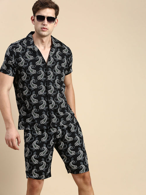 Men Cuban Collar Printed Black Co-Ords Set-HoneyBon-1521-Black