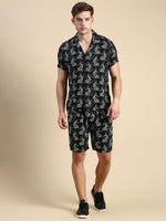 Men Cuban Collar Printed Black Co-Ords Set-HoneyBon-1521-Black