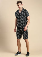 Men Cuban Collar Printed Black Co-Ords Set-HoneyBon-1521-Black