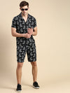 Men Cuban Collar Printed Black Co-Ords Set-HoneyBon-1521-Black