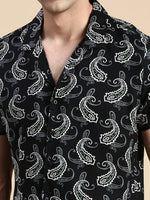 Men Cuban Collar Printed Black Co-Ords Set-HoneyBon-1521-Black