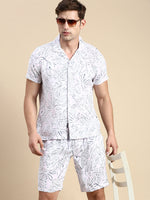 Men Cuban Collar Printed Pink Co-Ords Set-HoneyBon-1583-Pink