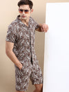 Men Cuban Collar Printed Coffee Brown Co-Ords Set-Honeybon-1503-Coffeebrown