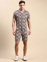 Men Cuban Collar Printed Coffee Brown Co-Ords Set-Honeybon-1503-Coffeebrown