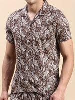 Men Cuban Collar Printed Coffee Brown Co-Ords Set-Honeybon-1503-Coffeebrown