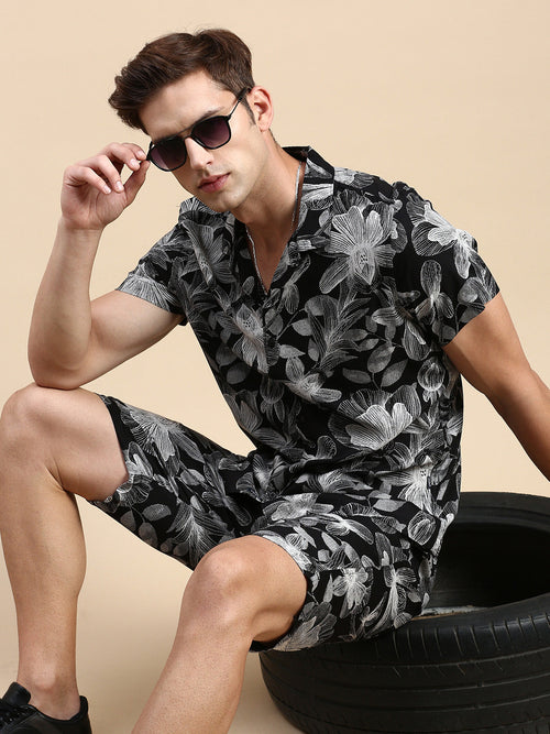 Men Cuban Collar Printed Black Co-Ords Set-Honeybon-1576-Black