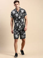 Men Cuban Collar Printed Black Co-Ords Set-Honeybon-1576-Black