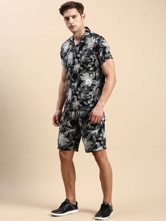 Men Cuban Collar Printed Black Co-Ords Set-Honeybon-1576-Black