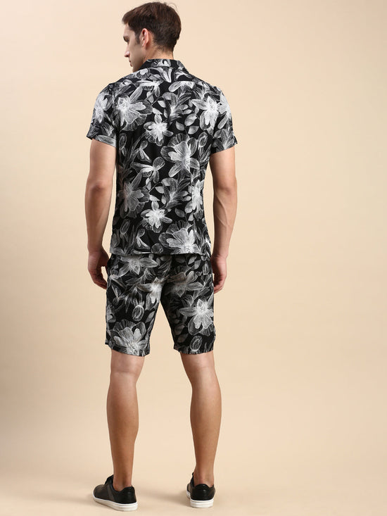 Men Cuban Collar Printed Black Co-Ords Set-Honeybon-1576-Black