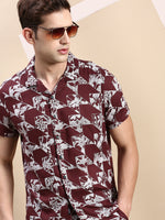 Men Cuban Collar Printed Burgundy Co-Ords Set-Honeybon-1585-Burgundy