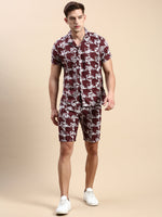 Men Cuban Collar Printed Burgundy Co-Ords Set-Honeybon-1585-Burgundy