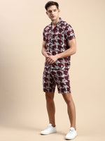 Men Cuban Collar Printed Burgundy Co-Ords Set-Honeybon-1585-Burgundy