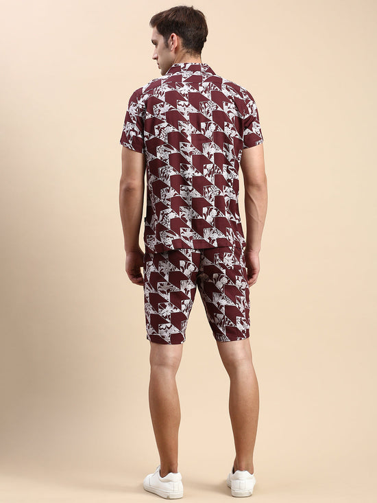 Men Cuban Collar Printed Burgundy Co-Ords Set-Honeybon-1585-Burgundy